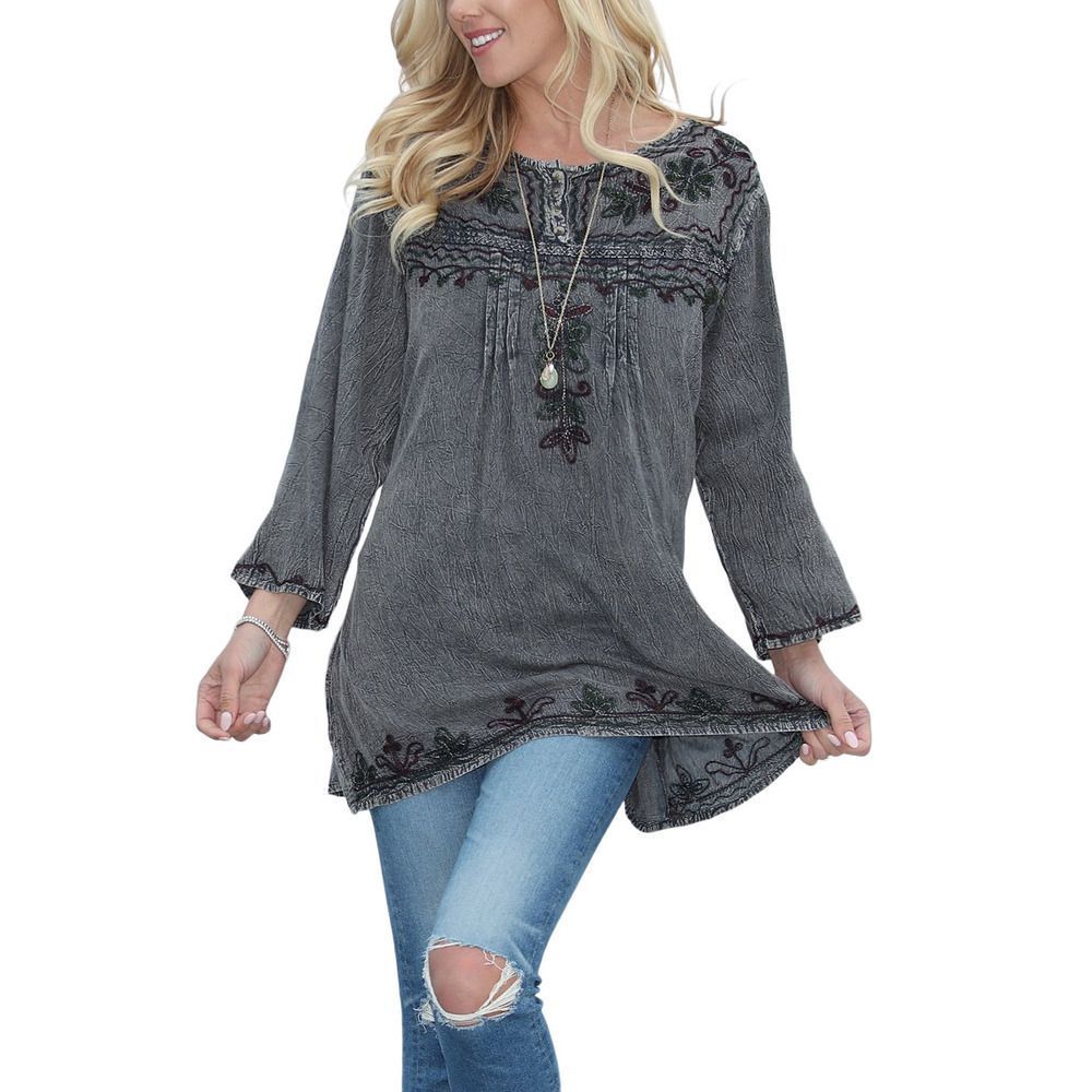 Gray & Dark Green Floral Embroidered Button Up Tunic Size (one size)